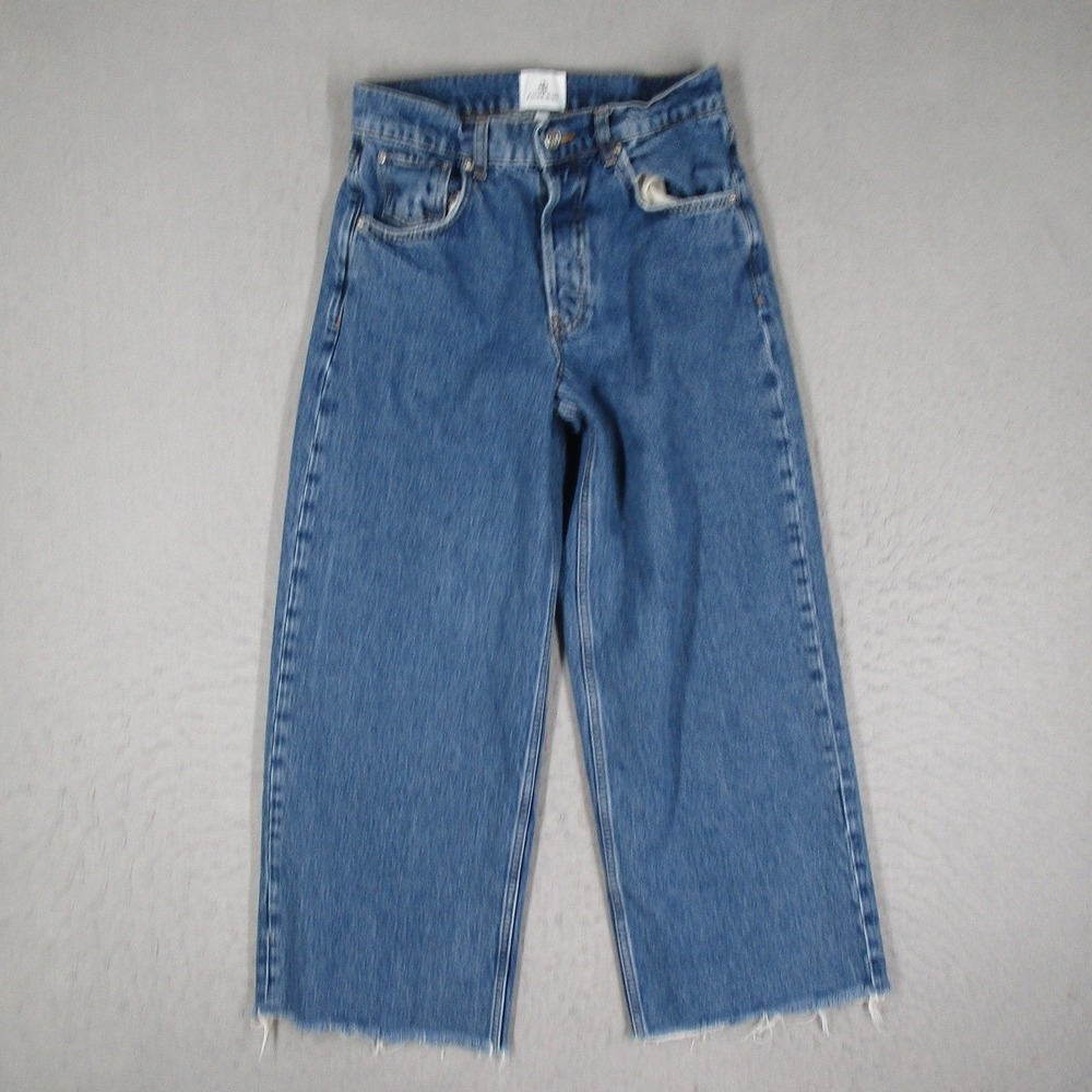 Anine Bing Blue High Rise Wide Leg Raw Hem Button Fly Jeans 24
